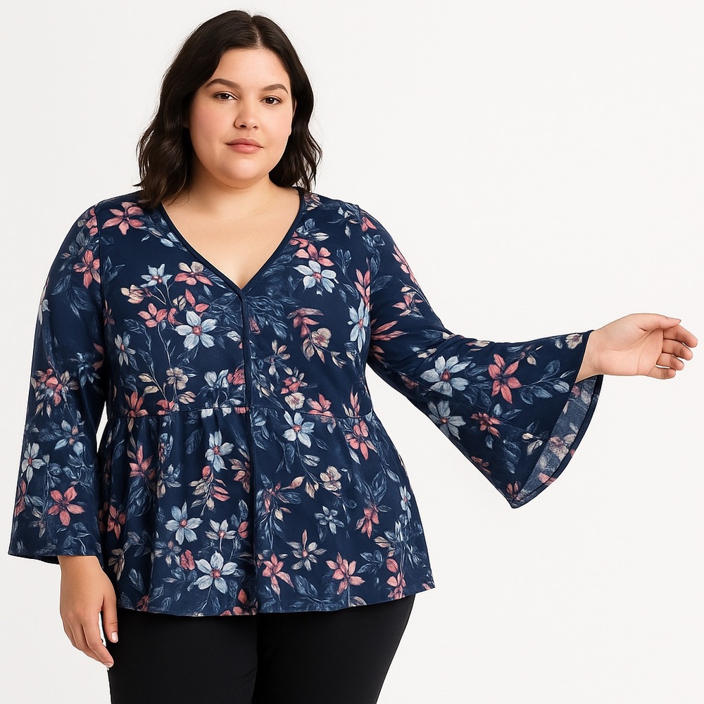 Style & Co Womens Floral Mesh Top Size XL Belle Flair Sleeves Whimsy Fairy
